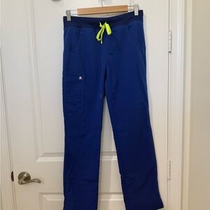 Figs Royal Blue Scrub Pants with Neon Yellow Drawstring